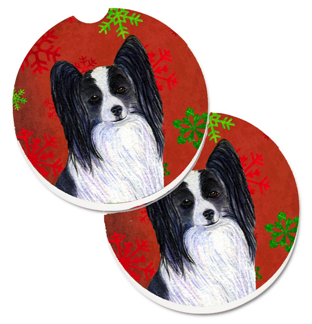 Papillon Red and Green Snowflakes Holiday Christmas Set of 2 Cup Holder Car Coasters SS4712CARC by Caroline&#39;s Treasures