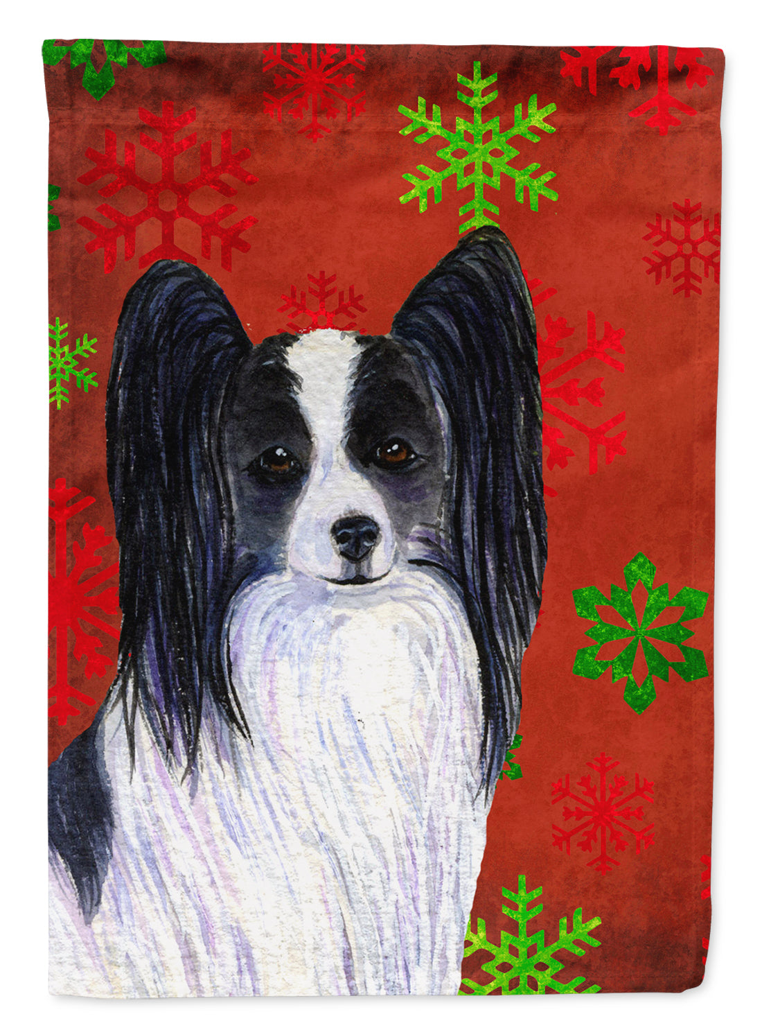 Papillon Red Green Snowflake Holiday Christmas Flag Canvas House Size  the-store.com.