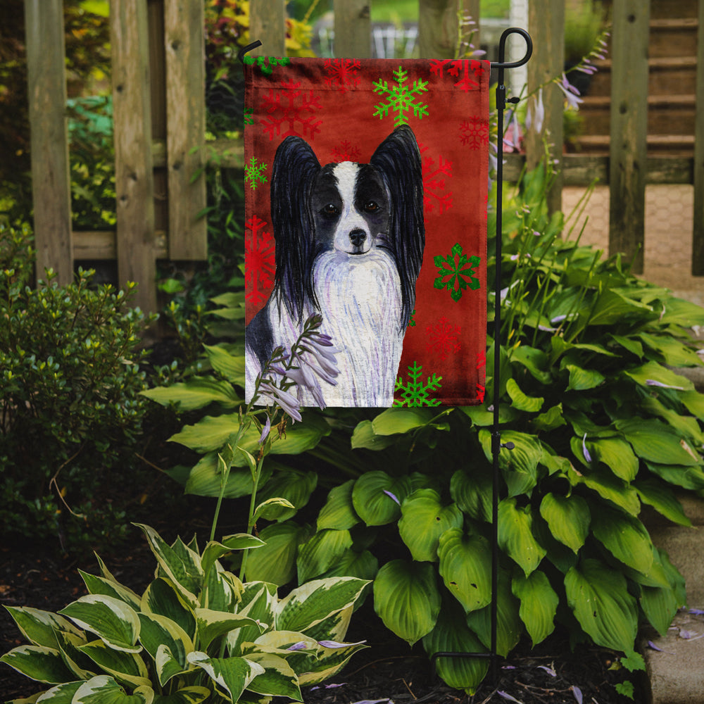 Papillon Red and Green Snowflakes Holiday Christmas Flag Garden Size.