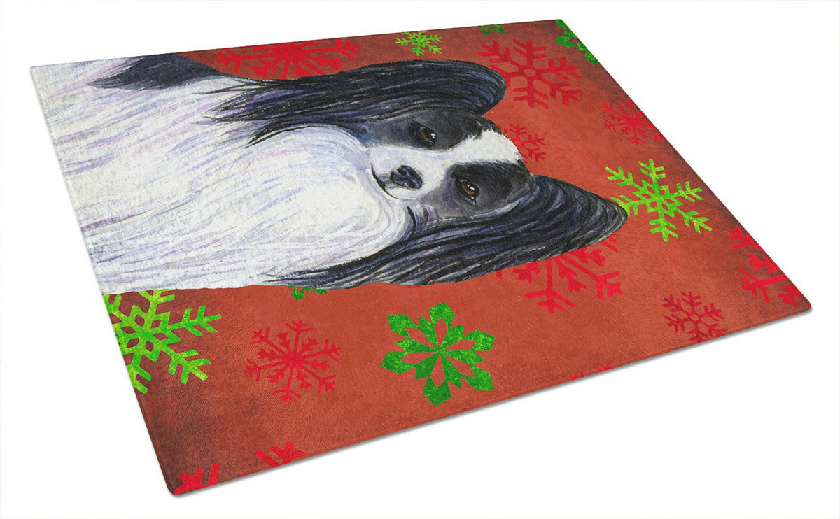 Papillon Red and Green Snowflakes Holiday Christmas Glass Cutting Board Large by Caroline&#39;s Treasures