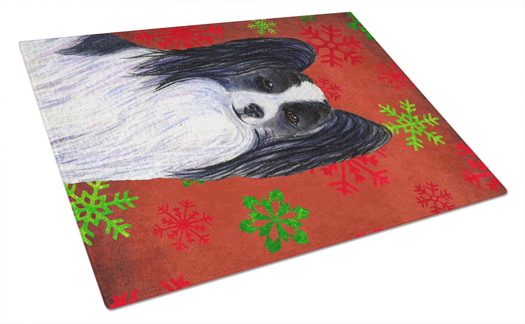 Papillon Red and Green Snowflakes Holiday Christmas Glass Cutting Board Large by Caroline's Treasures