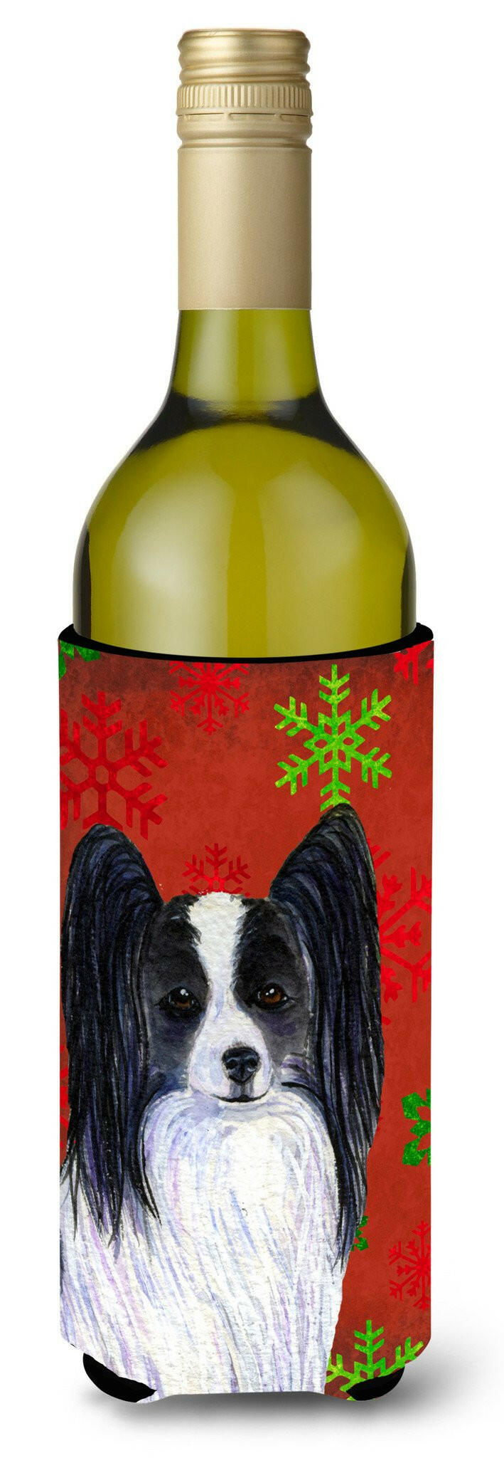 Papillon Red and Green Snowflakes Holiday Christmas Wine Bottle Beverage Insulator by Caroline's Treasures