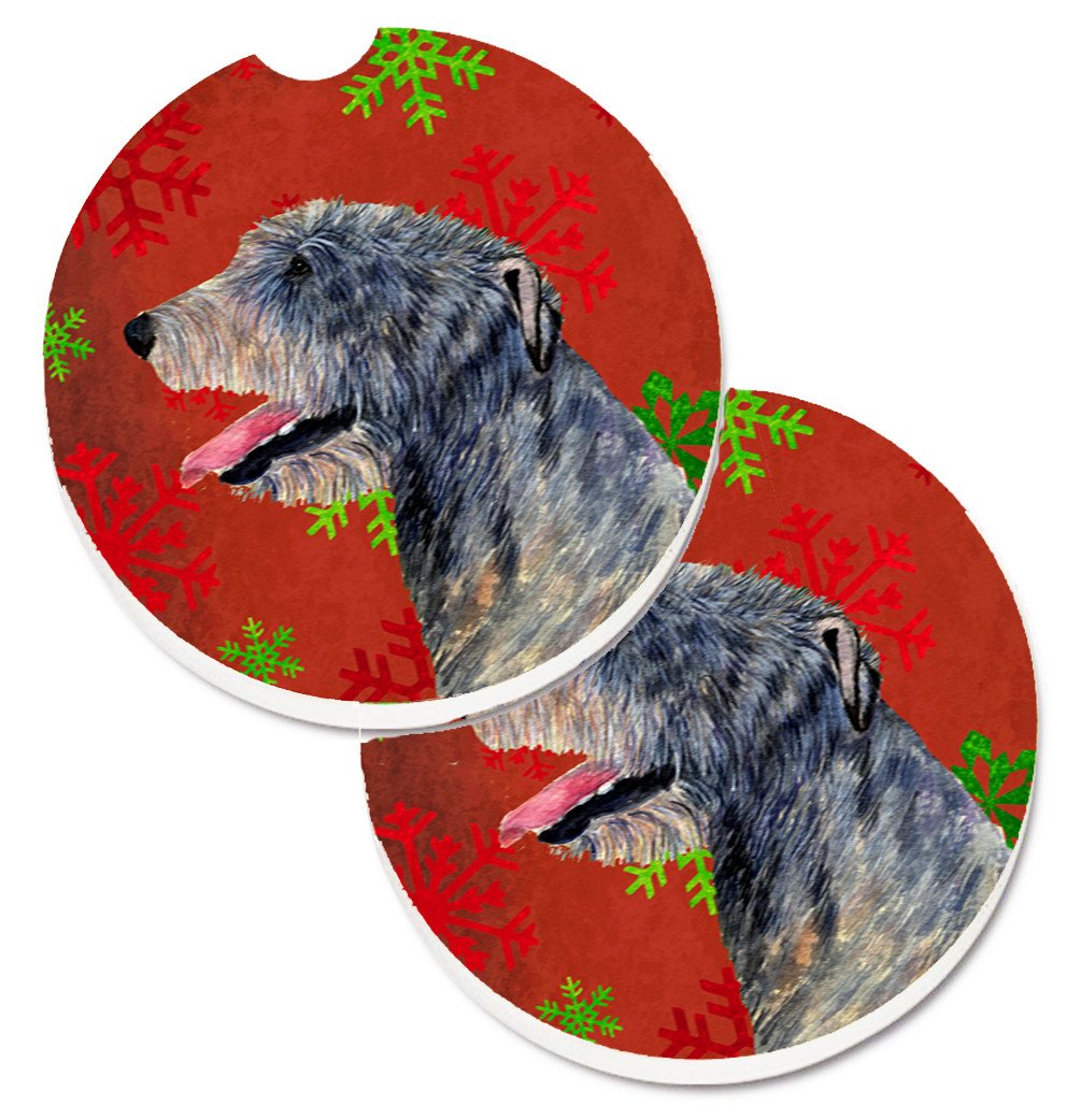 Irish Wolfhound Red and Green Snowflakes Holiday Christmas Set of 2 Cup Holder Car Coasters SS4713CARC by Caroline&#39;s Treasures
