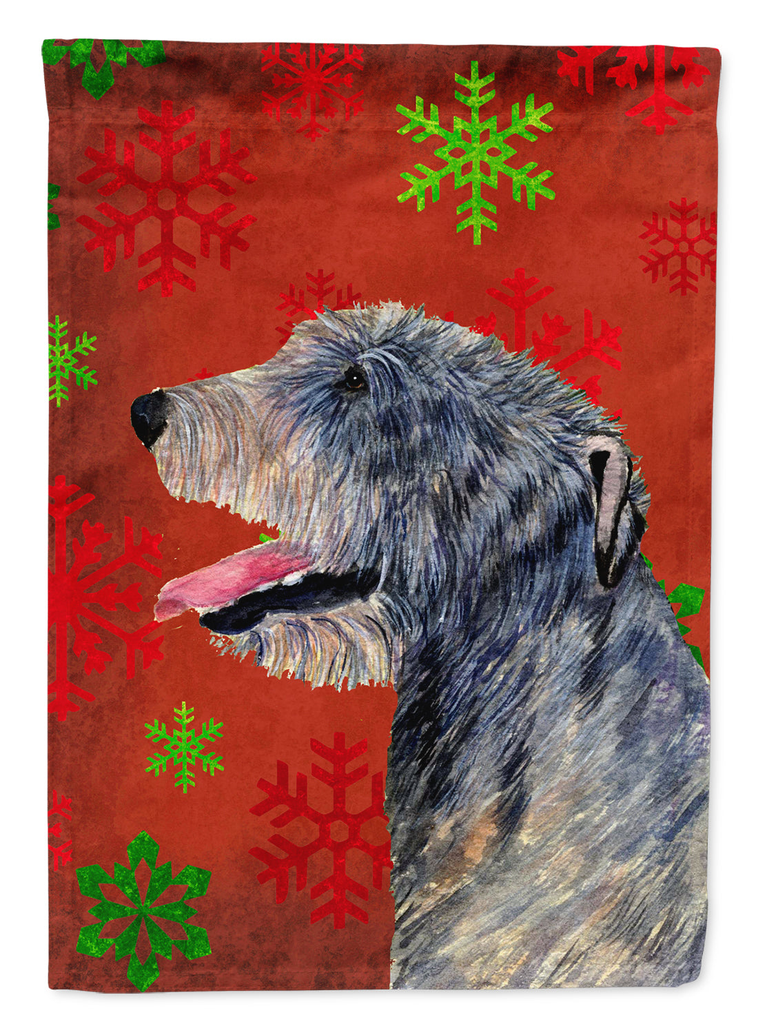 Irish Wolfhound Red and Green Snowflakes Holiday Christmas Flag Garden Size.
