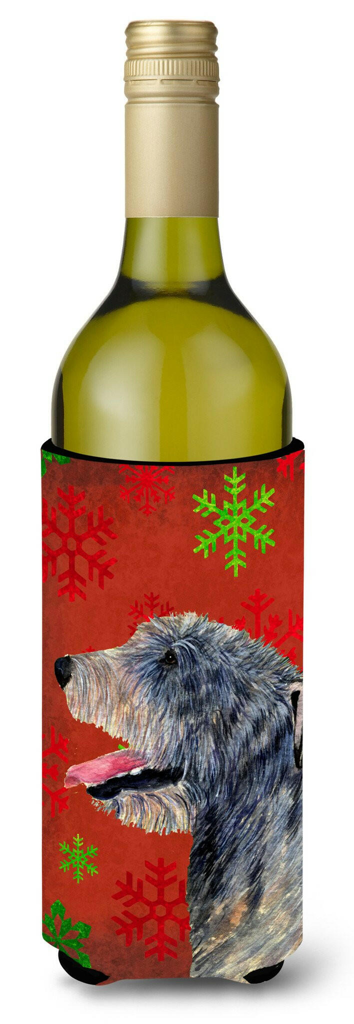 Irish Wolfhound Red and Green Snowflakes Holiday Christmas Wine Bottle Beverage Insulator by Caroline's Treasures