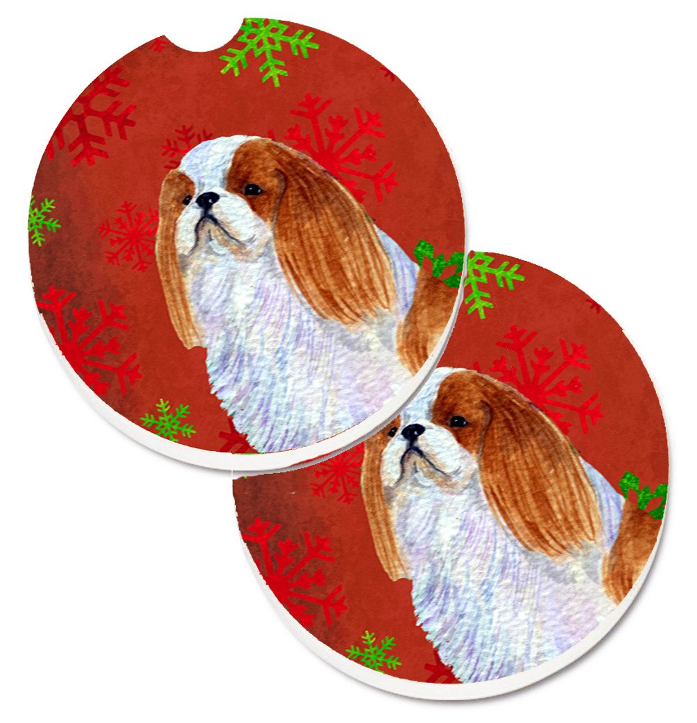 English Toy Spaniel Red and Green Snowflakes Holiday Christmas Set of 2 Cup Holder Car Coasters SS4714CARC by Caroline&#39;s Treasures