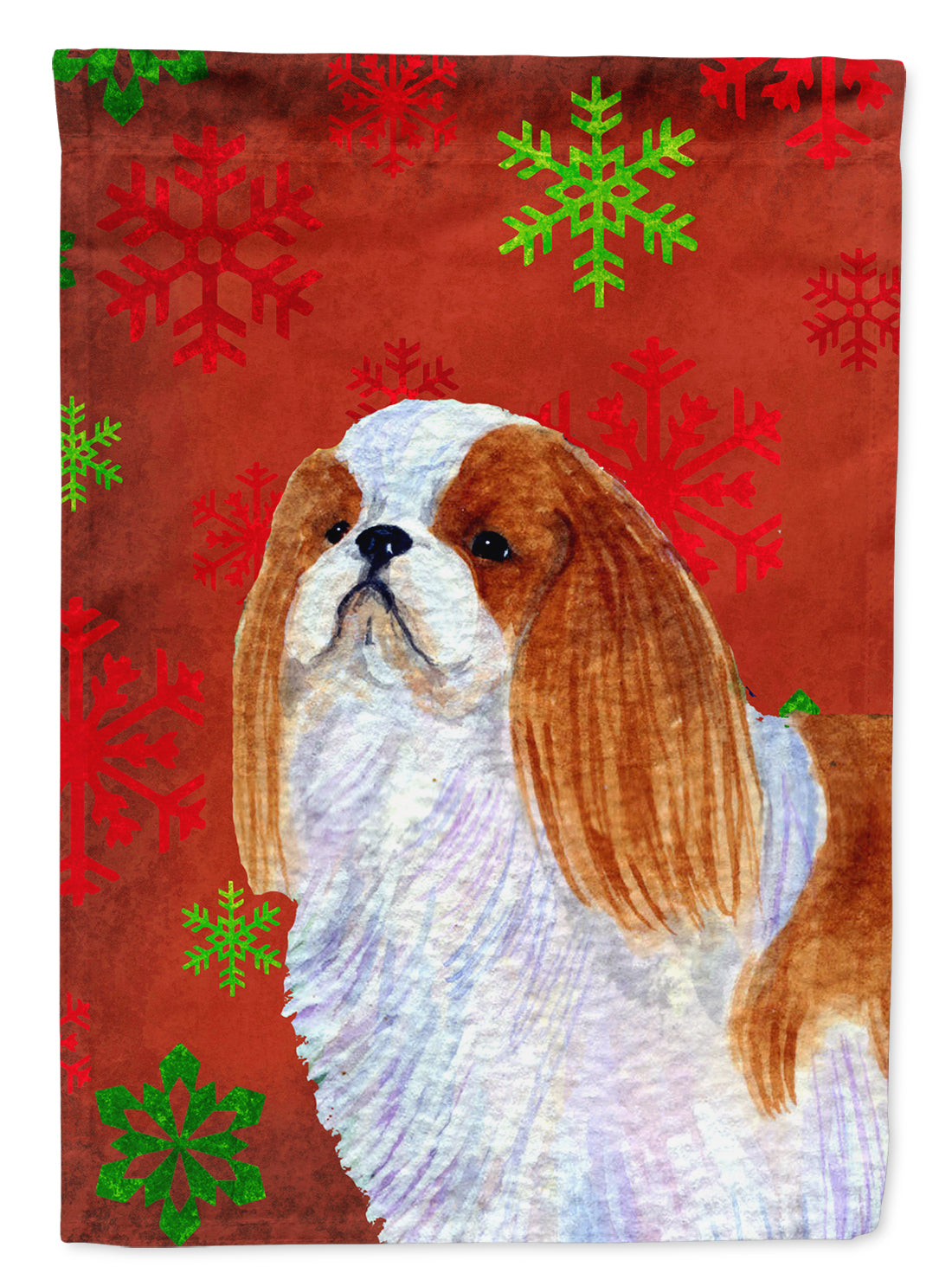 English Toy Spaniel Red and Green Snowflakes Holiday Christmas Flag Garden Size