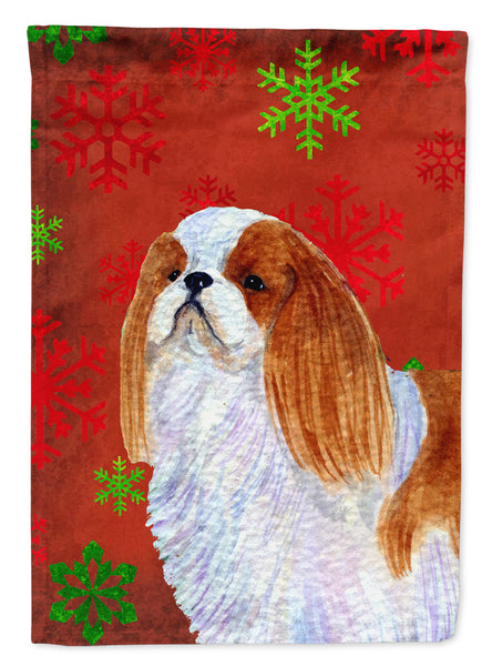English Toy Spaniel Red and Green Snowflakes Holiday Christmas Flag Garden Size
