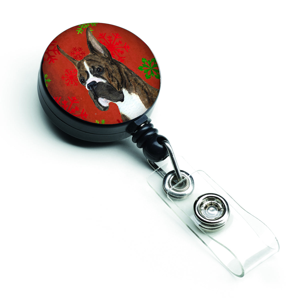 Boxer Red and Green Snowflakes Holiday Christmas Retractable Badge Reel SS4715BR