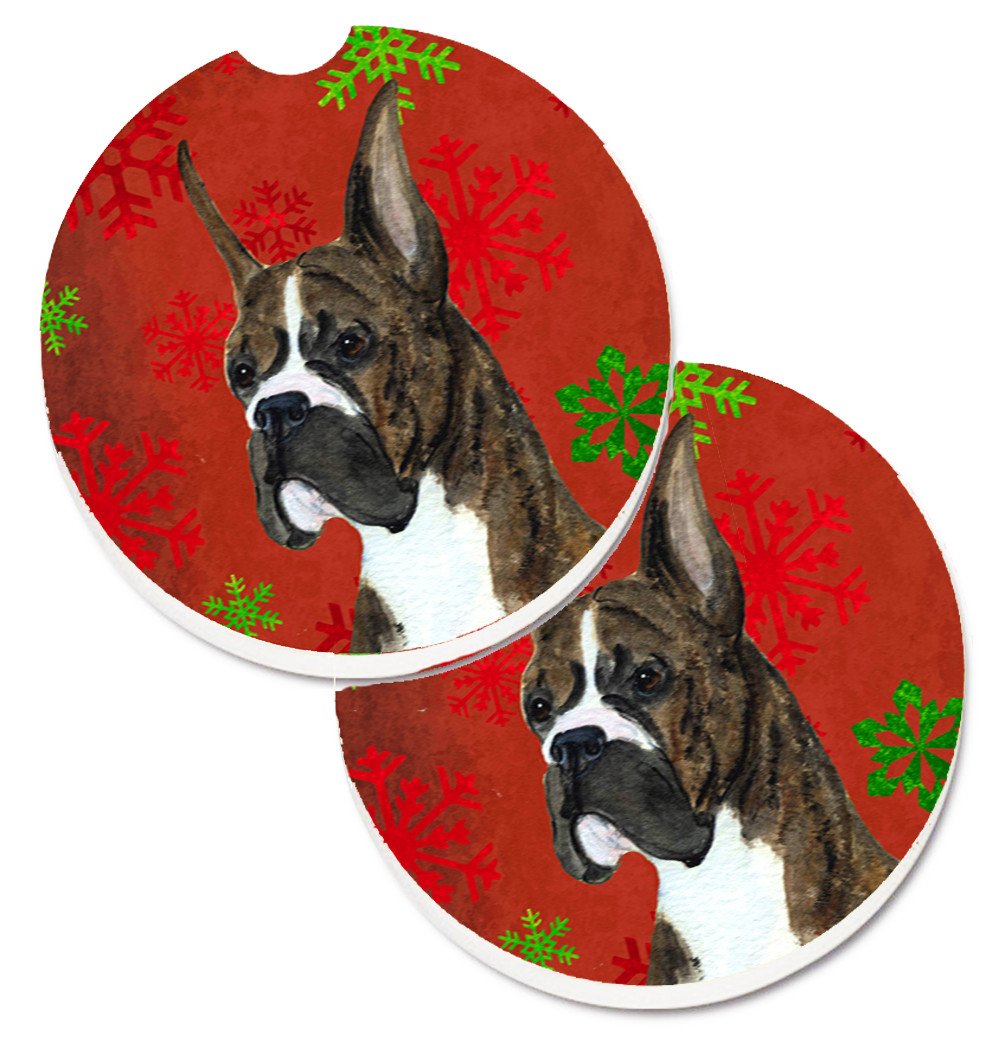Boxer Red and Green Snowflakes Holiday Christmas Set of 2 Cup Holder Car Coasters SS4715CARC by Caroline&#39;s Treasures