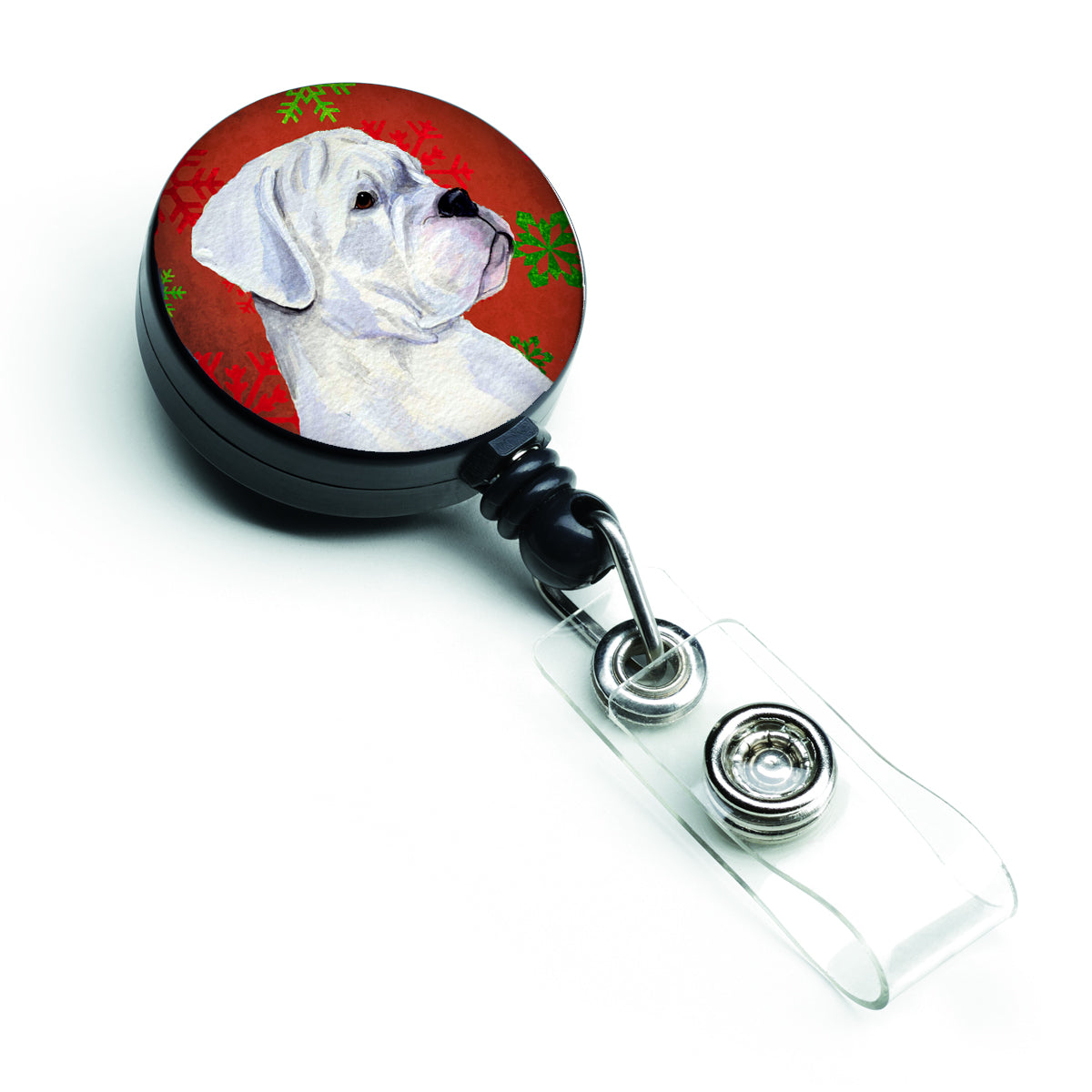 Boxer Red and Green Snowflakes Holiday Christmas Retractable Badge Reel SS4716BR