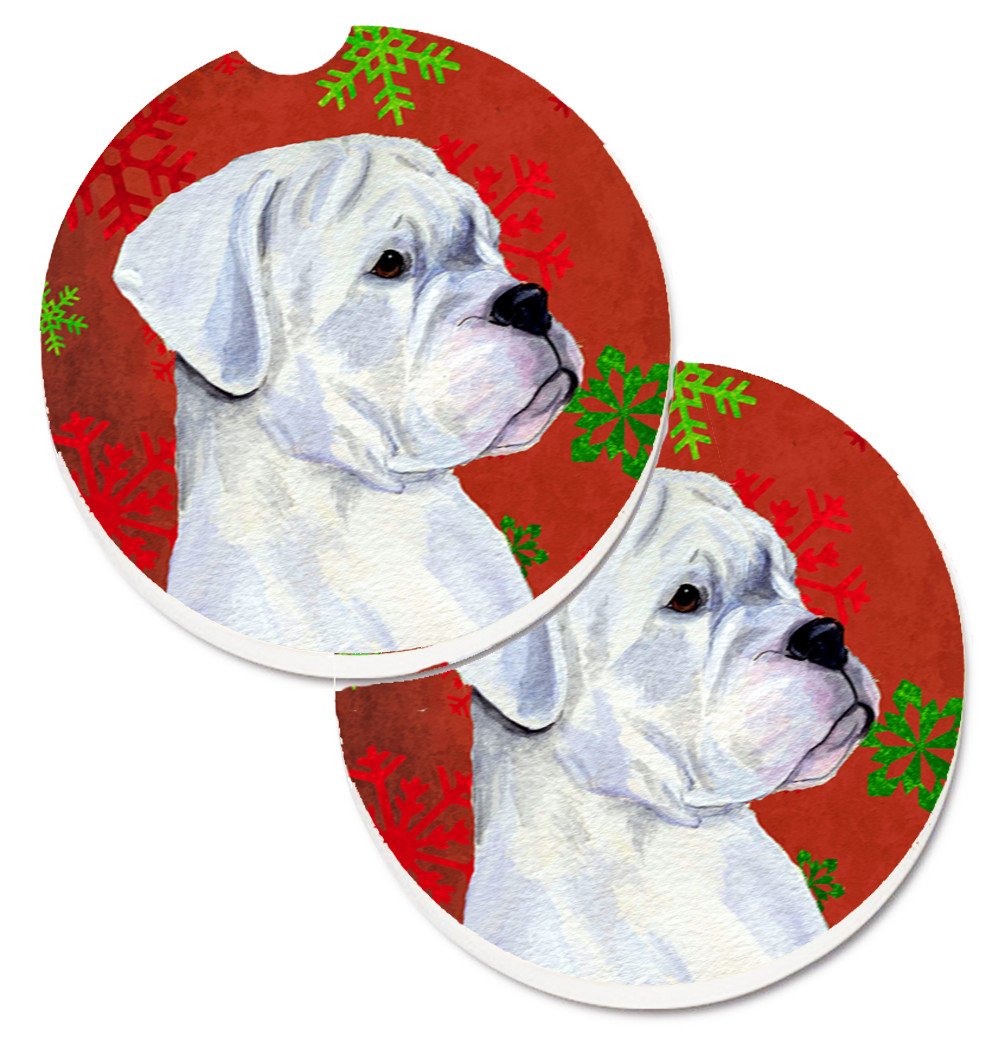 Boxer Red and Green Snowflakes Holiday Christmas Set of 2 Cup Holder Car Coasters SS4716CARC by Caroline&#39;s Treasures