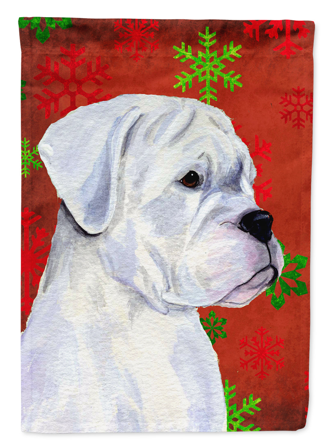 Boxer Red and Green Snowflakes Holiday Christmas Flag Canvas House Size  the-store.com.