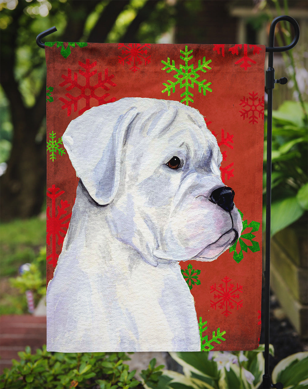 Boxer Red and Green Snowflakes Holiday Christmas Flag Garden Size.