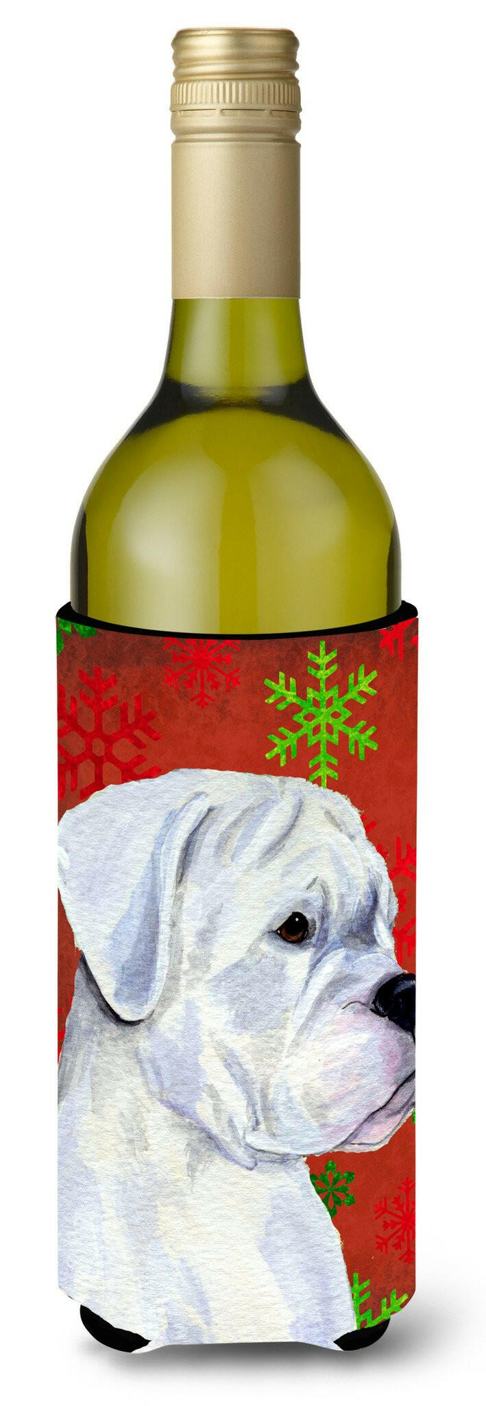 Boxer Red and Green Snowflakes Holiday Christmas Wine Bottle Beverage Insulator Beverage Insulator Hugger by Caroline's Treasures