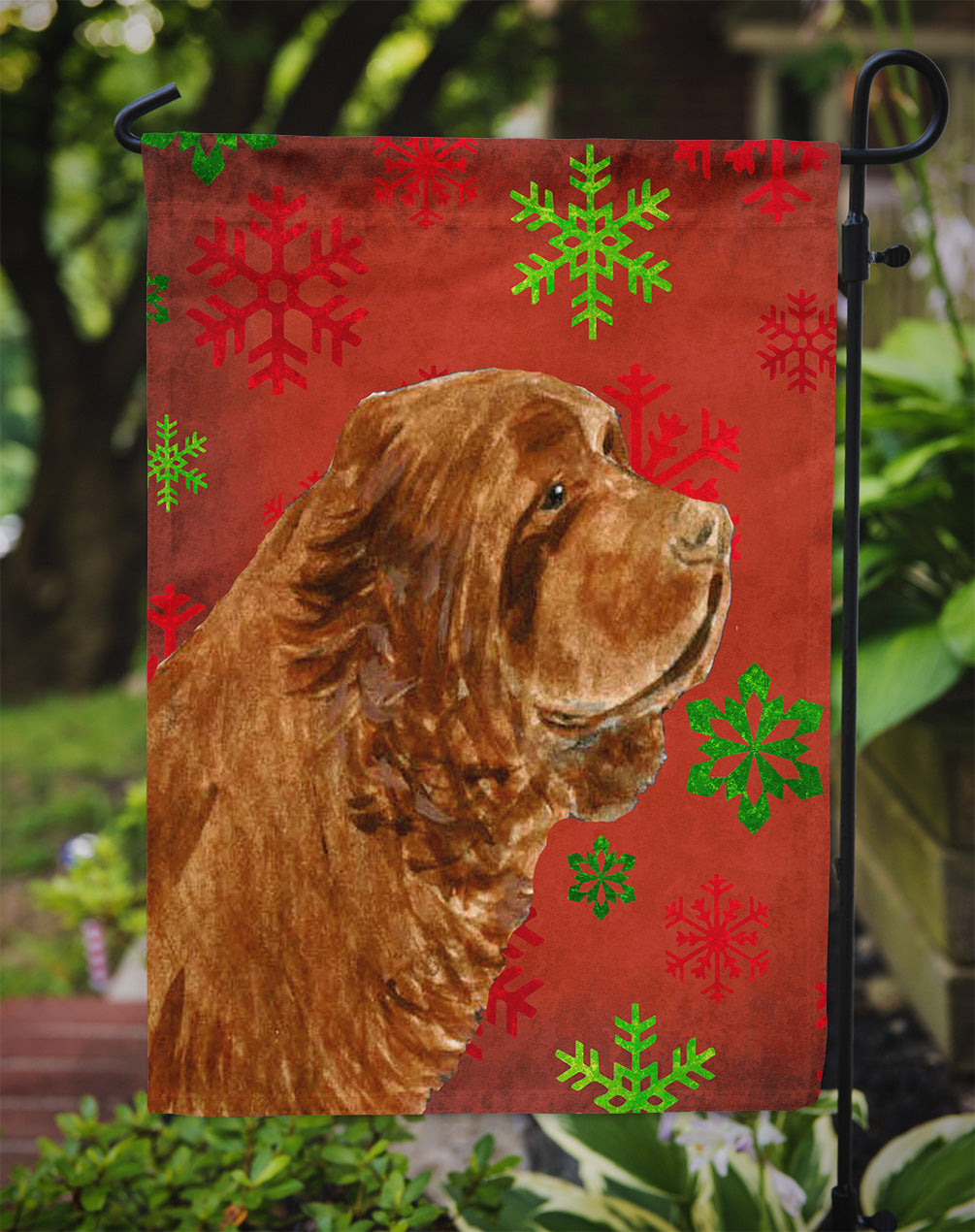 Sussex Spaniel Red Green Snowflake Holiday Christmas Flag Garden Size