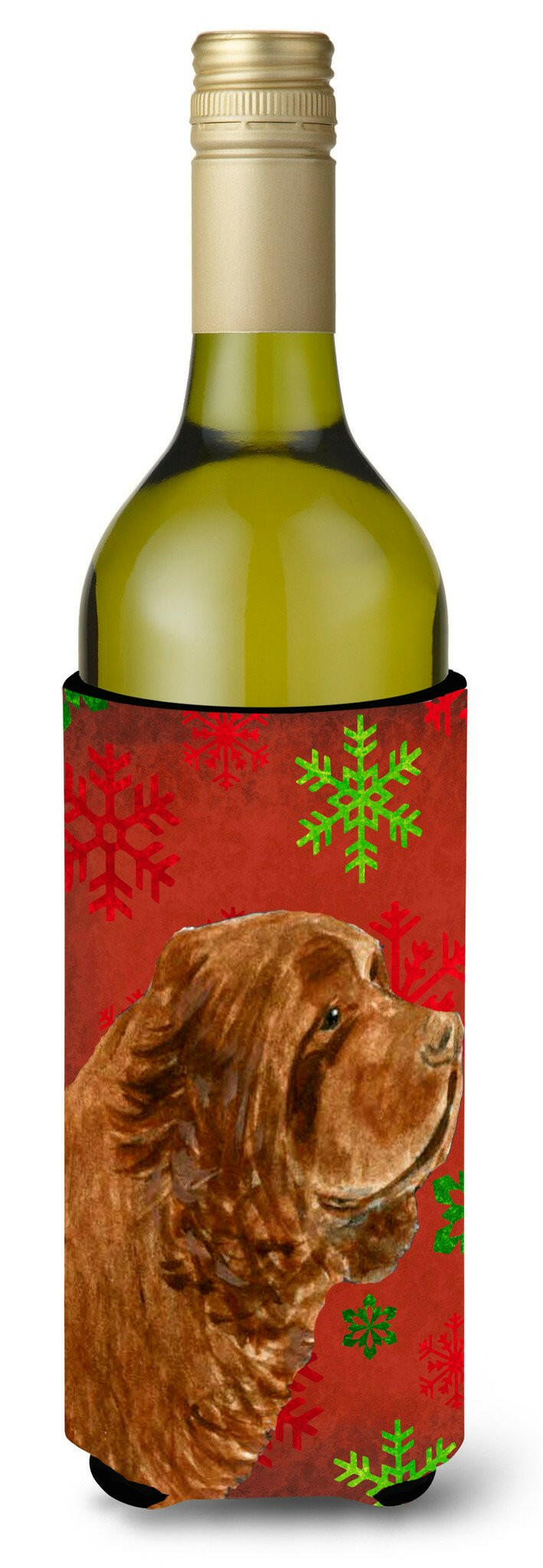 Sussex Spaniel Red Green Snowflake Holiday Christmas Wine Bottle Beverage Insulator Beverage Insulator Hugger by Caroline&#39;s Treasures