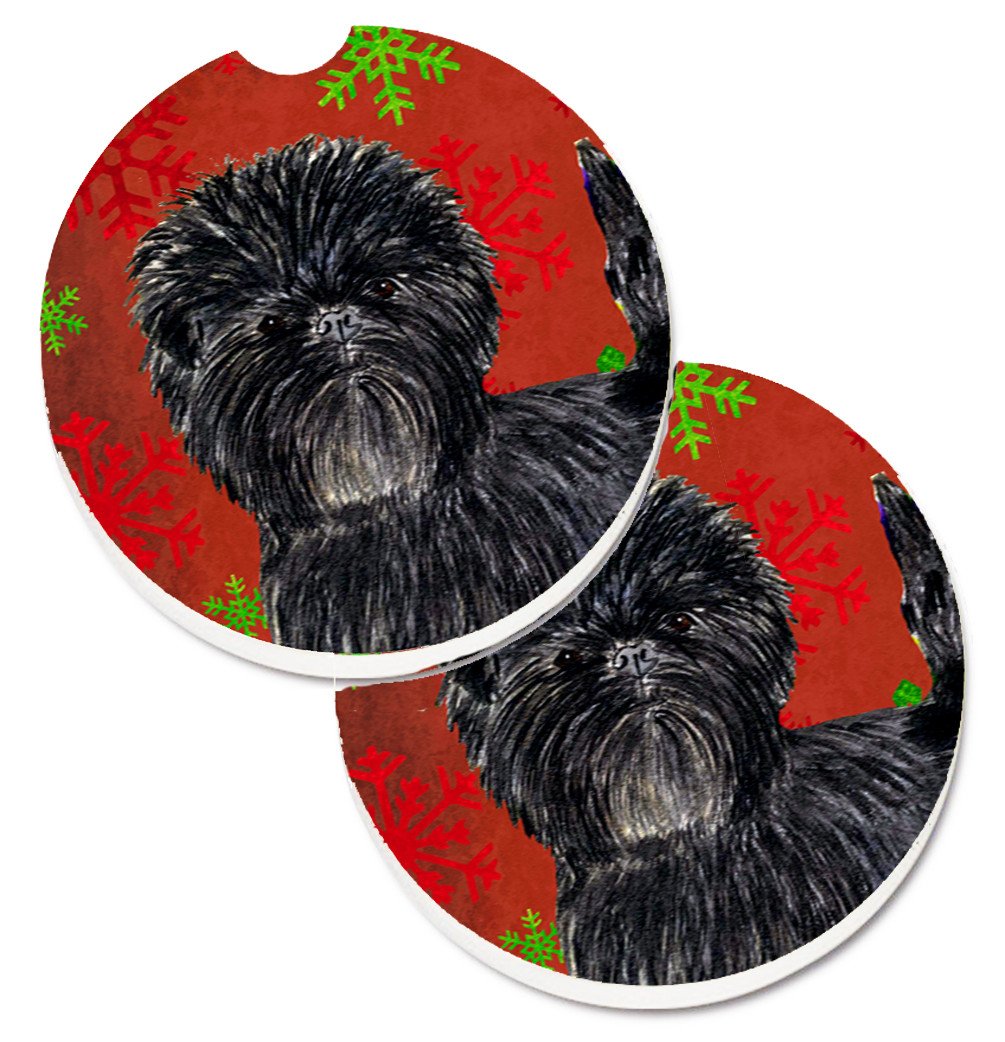 Affenpinscher Red Green Snowflakes Christmas Set of 2 Cup Holder Car Coasters SS4718CARC by Caroline&#39;s Treasures
