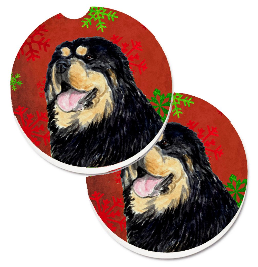 Tibetan Mastiff Red Green Snowflake Christmas Set of 2 Cup Holder Car Coasters SS4719CARC by Caroline&#39;s Treasures