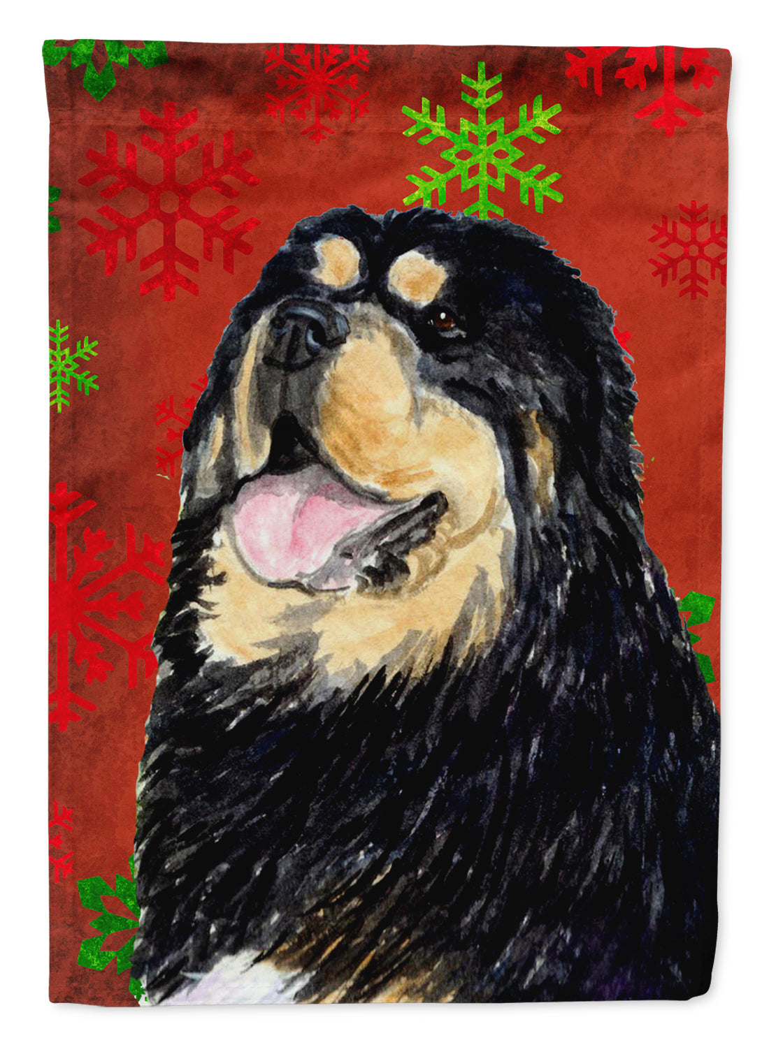 Tibetan Mastiff Red Green Snowflakes Holiday Christmas Flag Canvas House Size  the-store.com.