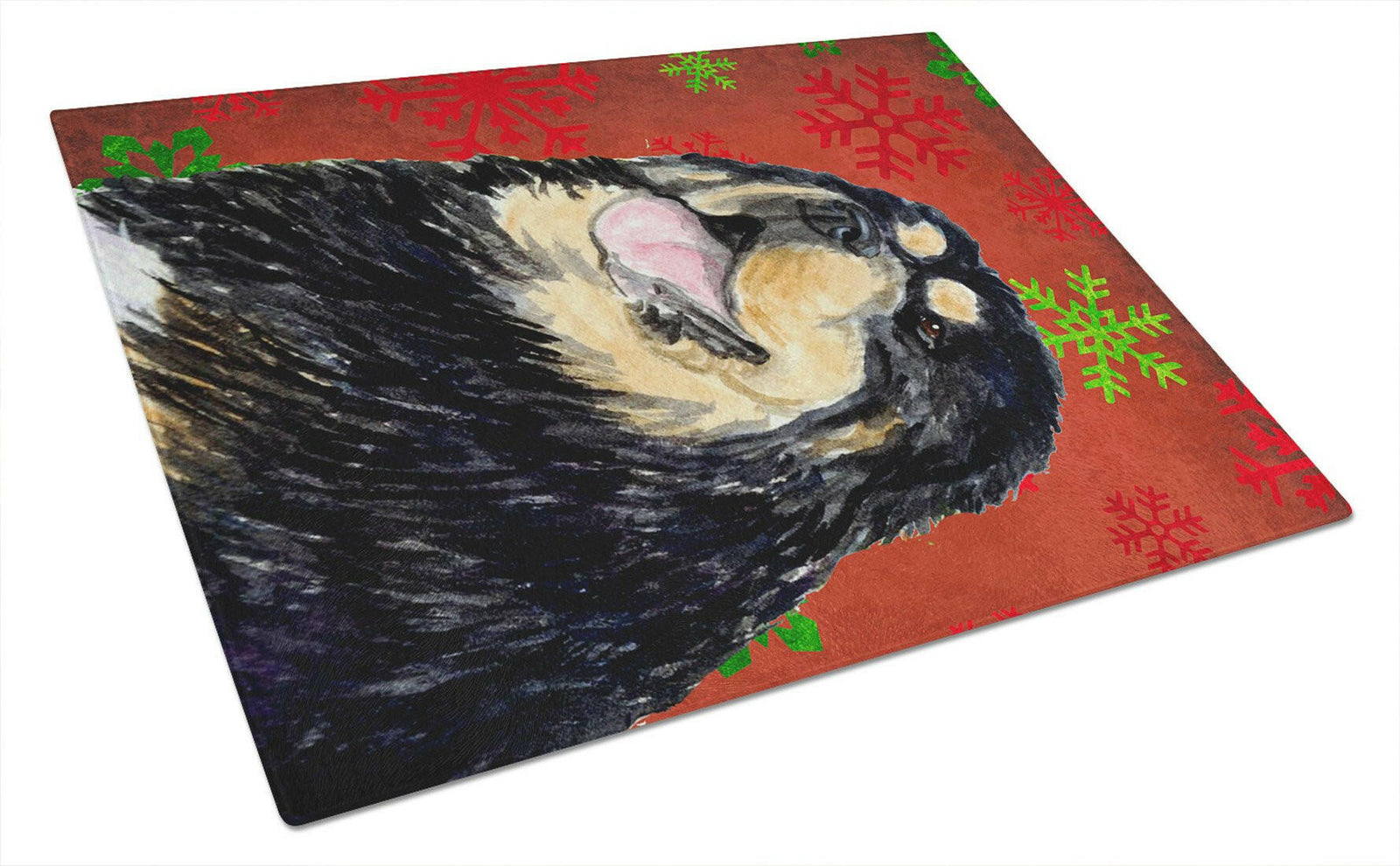 Tibetan Mastiff Red and Green Snowflakes Christmas Glass Cutting Board Large by Caroline's Treasures