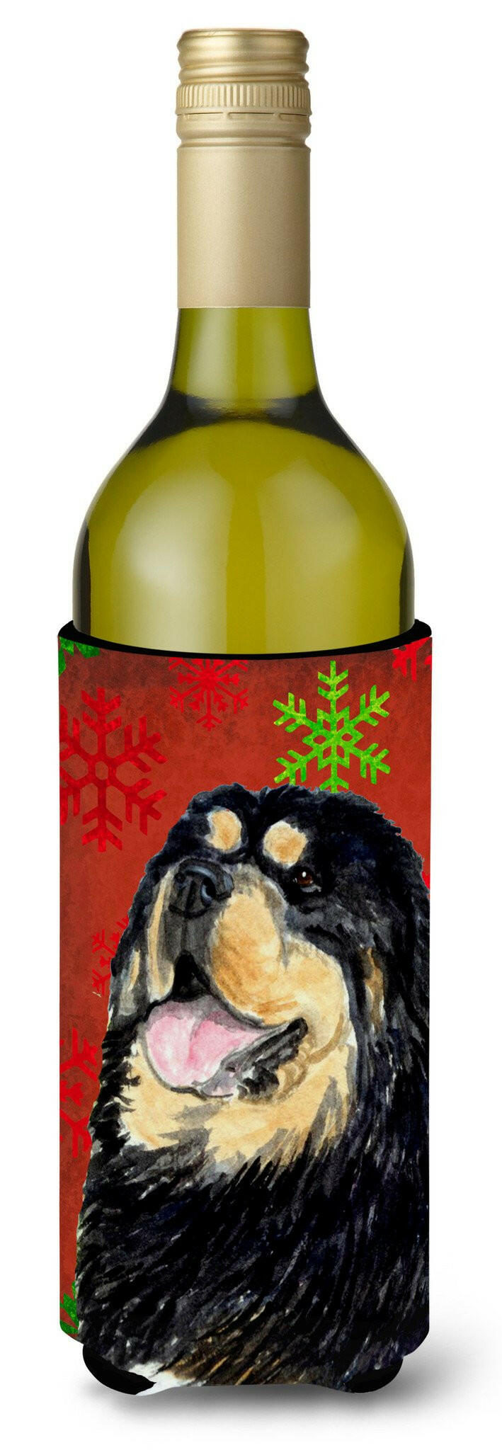 Tibetan Mastiff Red Green Snowflake Christmas Wine Bottle Beverage Insulator Beverage Insulator Hugger by Caroline's Treasures