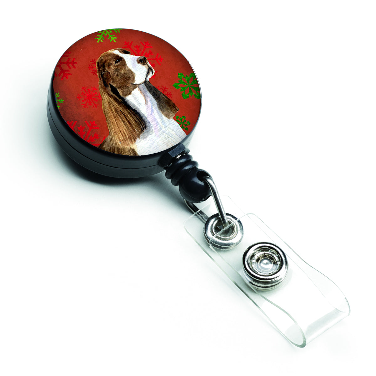 Springer Spaniel Red and Green Snowflakes Holiday Christmas Retractable Badge Reel SS4720BR