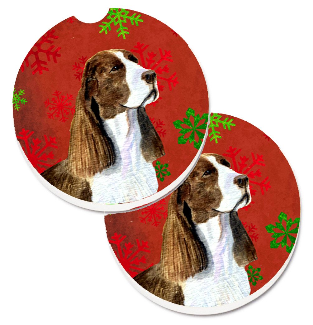 Springer Spaniel Red and Green Snowflakes Holiday Christmas Set of 2 Cup Holder Car Coasters SS4720CARC by Caroline&#39;s Treasures