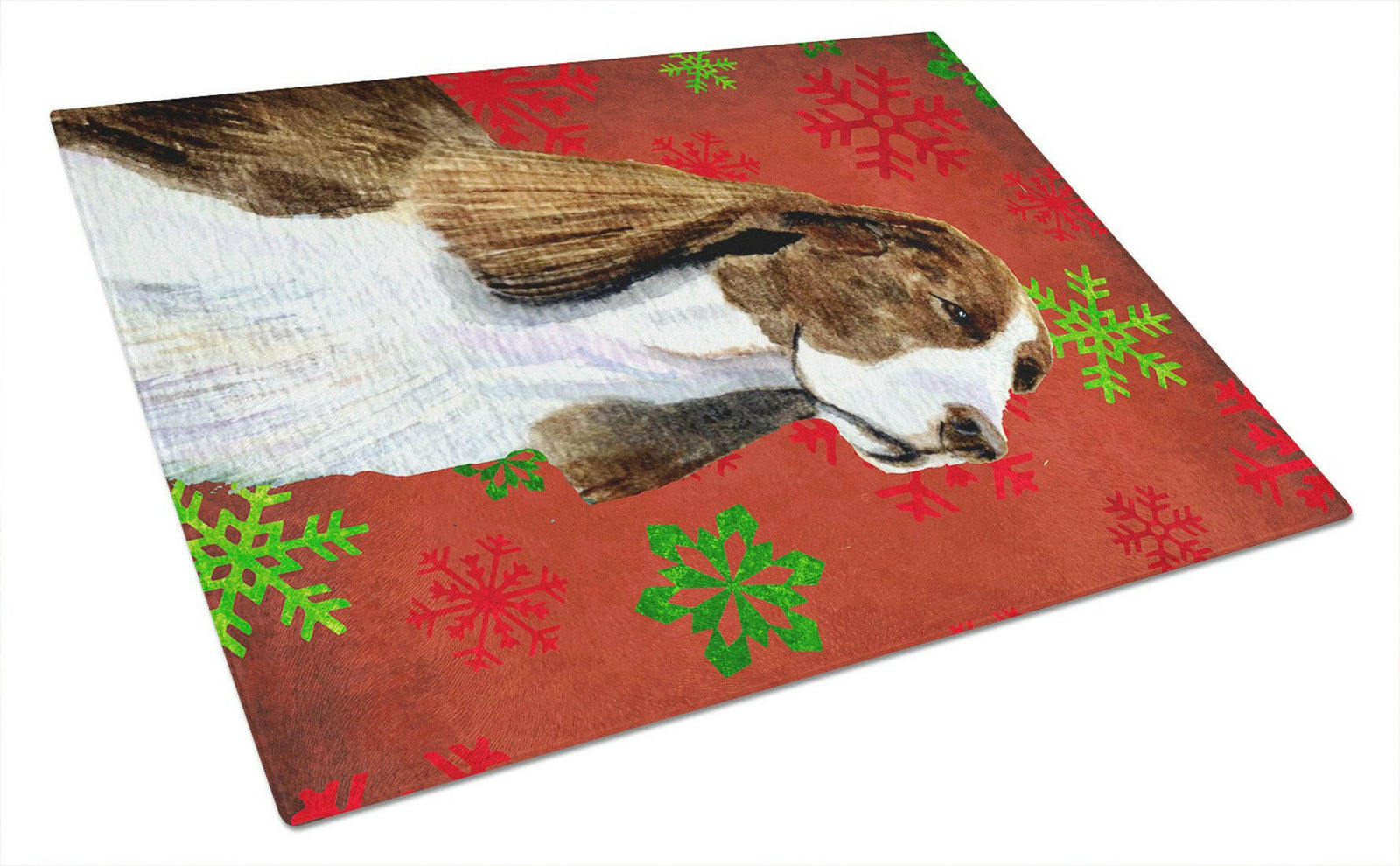 Springer Spaniel Red and Green Snowflakes Christmas Glass Cutting Board Large by Caroline's Treasures