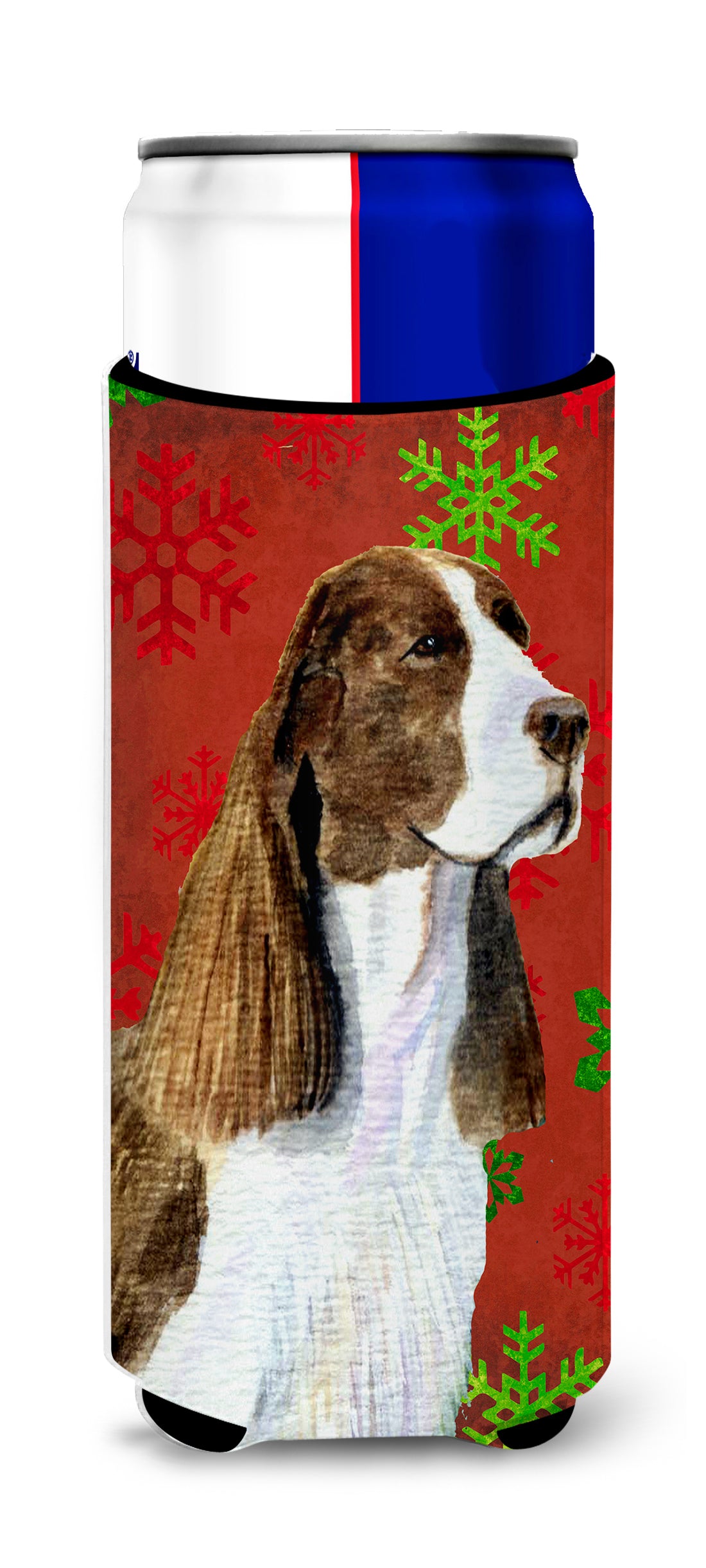 Springer Spaniel Red and Green Snowflakes Holiday Christmas Ultra Beverage Insulators for slim cans SS4720MUK.