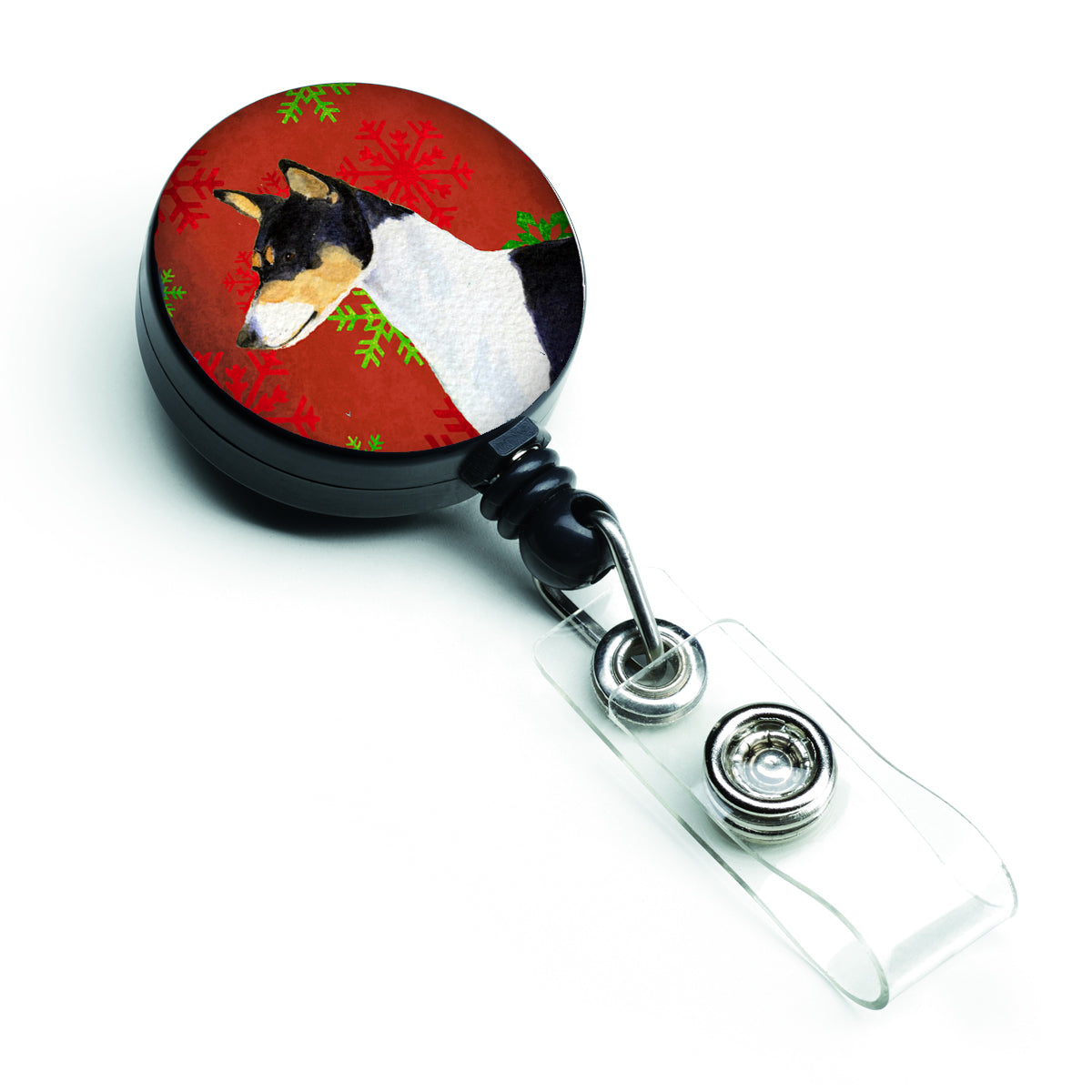 Basenji Red and Green Snowflakes Holiday Christmas Retractable Badge Reel SS4721BR  the-store.com.
