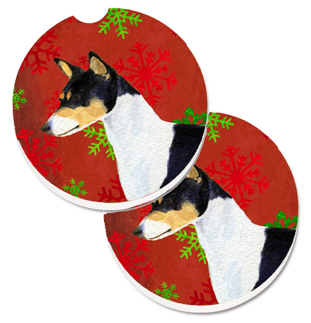 Basenji Red and Green Snowflakes Holiday Christmas Set of 2 Cup Holder Car Coasters SS4721CARC by Caroline&#39;s Treasures