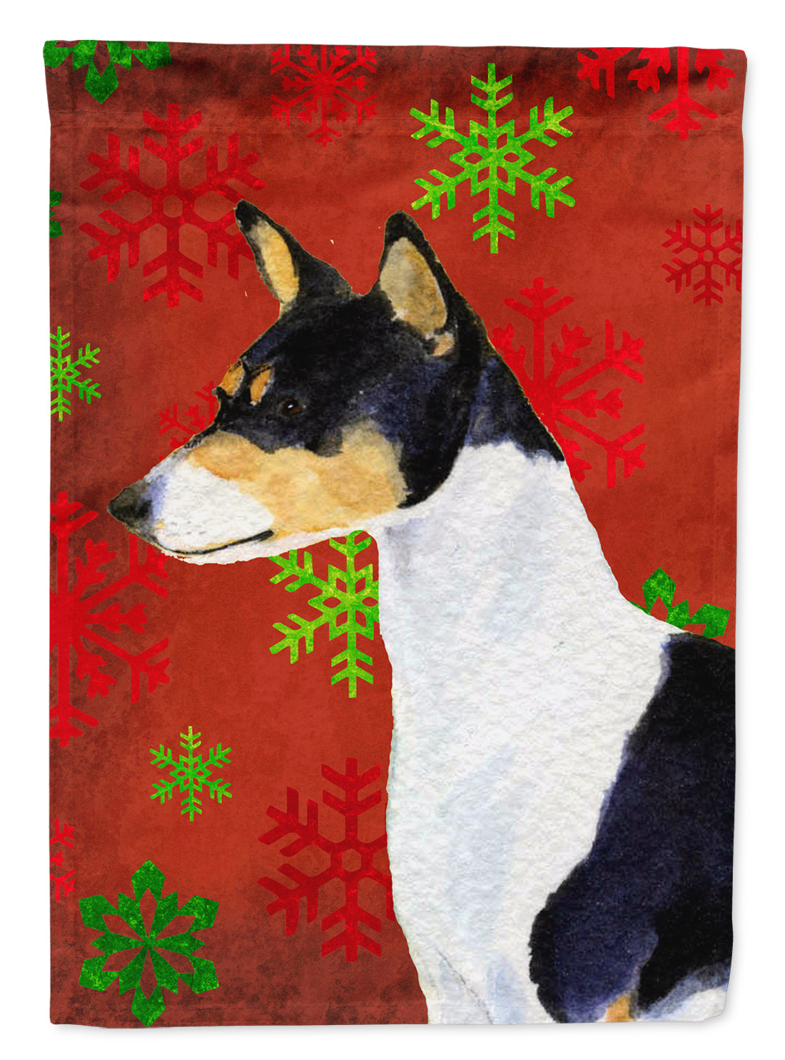 Basenji Red and Green Snowflakes Holiday Christmas Flag Canvas House Size