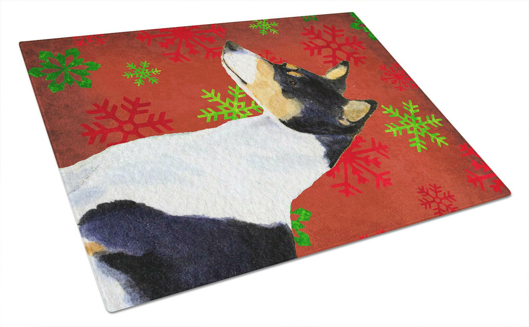 Basenji Red and Green Snowflakes Holiday Christmas Glass Cutting Board Large by Caroline's Treasures