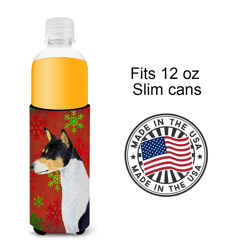 Basenji Red and Green Snowflakes Holiday Christmas Ultra Beverage Insulators for slim cans SS4721MUK.