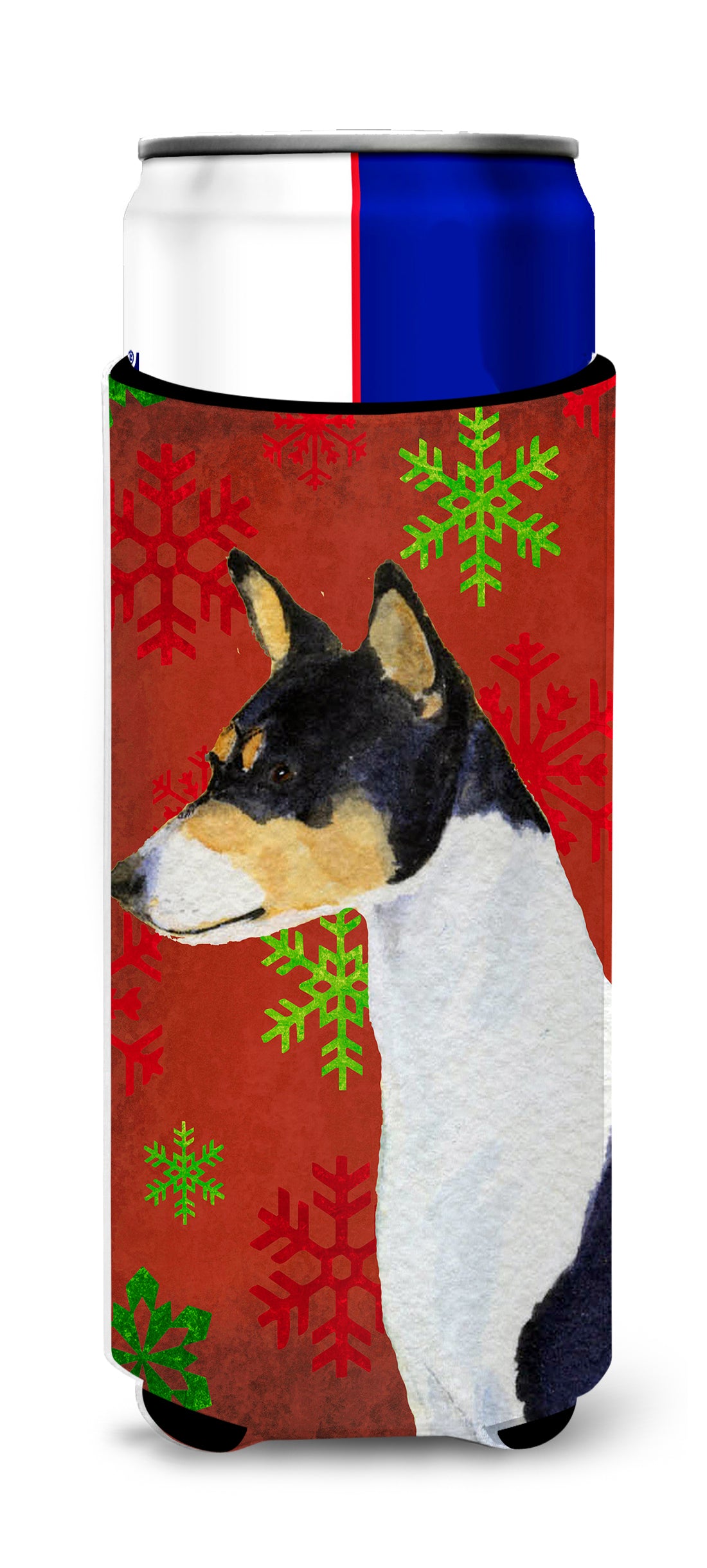 Basenji Red and Green Snowflakes Holiday Christmas Ultra Beverage Insulators for slim cans SS4721MUK.