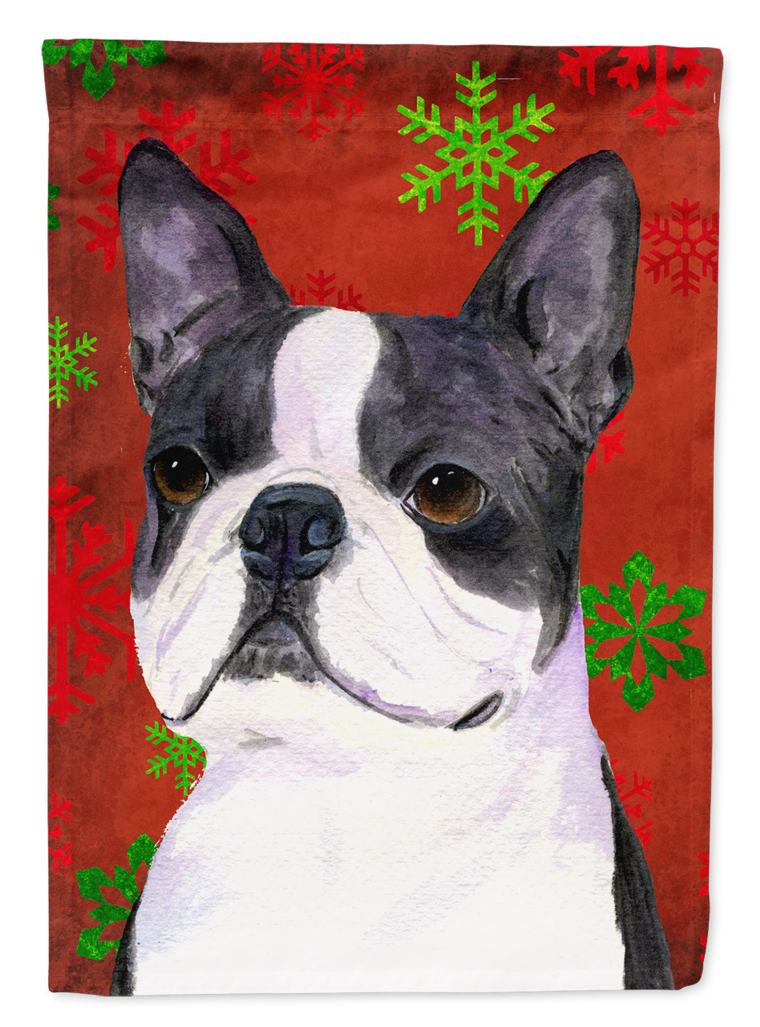 Boston Terrier Red  Green Snowflakes Holiday Christmas Flag Canvas House Size