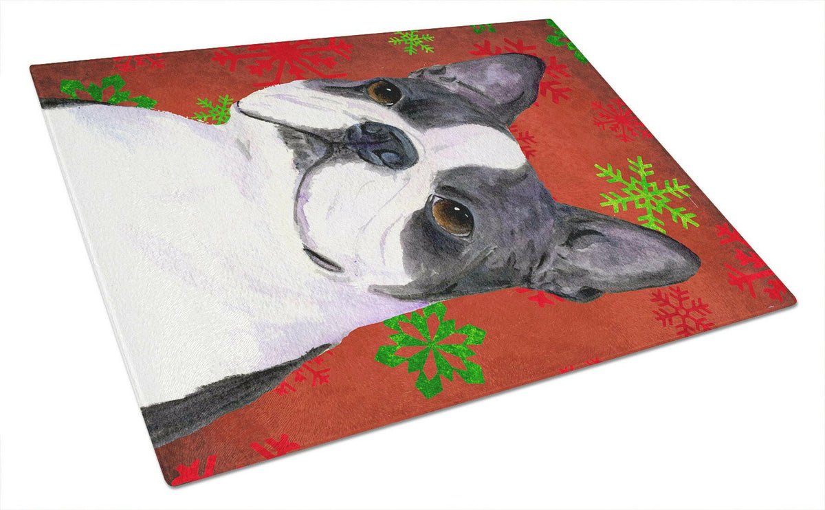 Boston Terrier Red and Green Snowflakes Christmas Glass Cutting Board Large by Caroline&#39;s Treasures