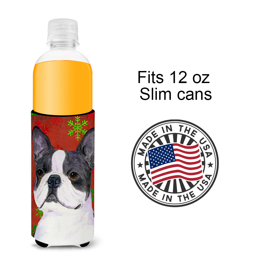 Boston Terrier Red Green Snowflakes Christmas Ultra Beverage Insulators for slim cans SS4723MUK.