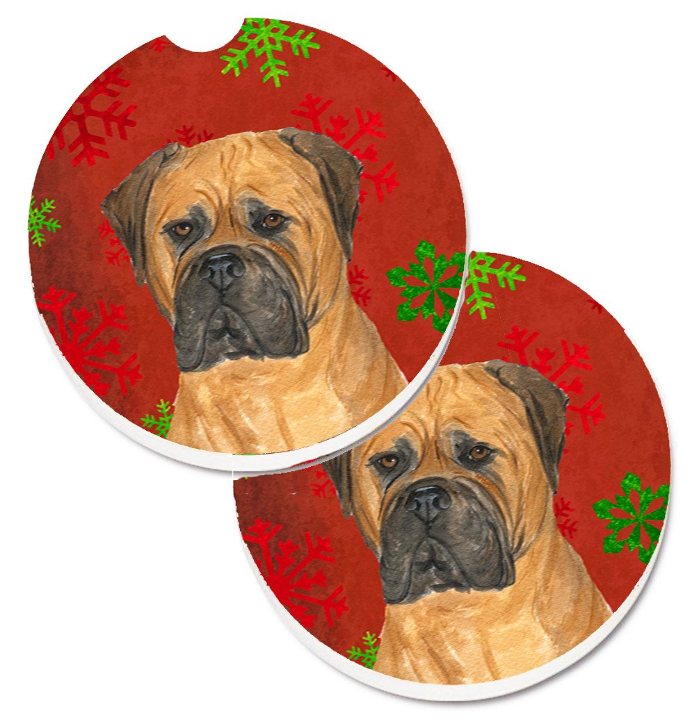 Bullmastiff Red and Green Snowflakes Holiday Christmas Set of 2 Cup Holder Car Coasters SS4724CARC by Caroline&#39;s Treasures