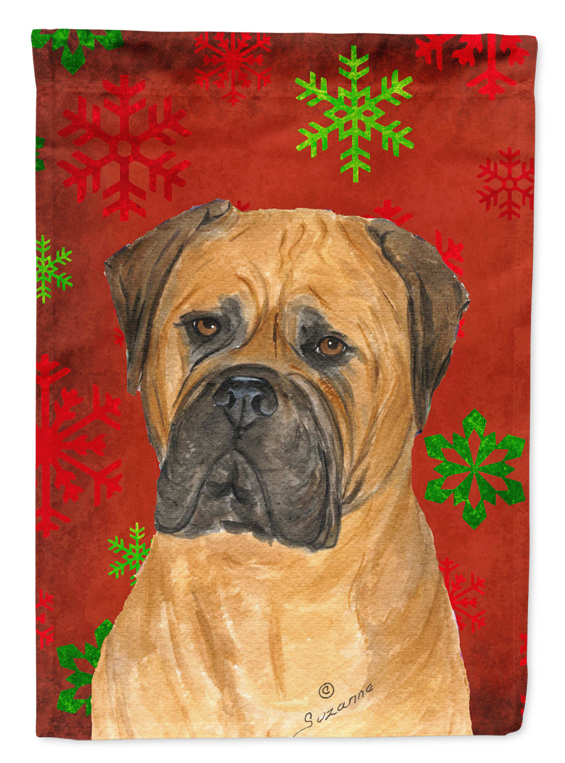 Bullmastiff Red and Green Snowflakes Holiday Christmas Flag Garden Size.