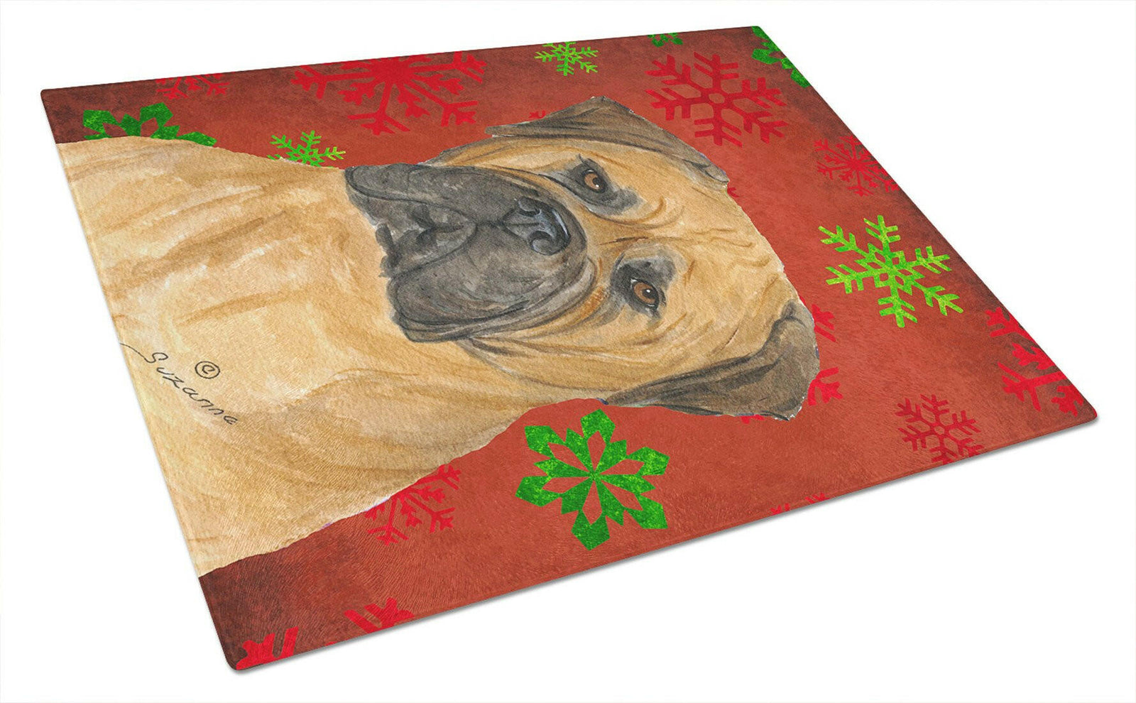 Bullmastiff Red and Green Snowflakes Christmas Glass Cutting Board Large by Caroline's Treasures