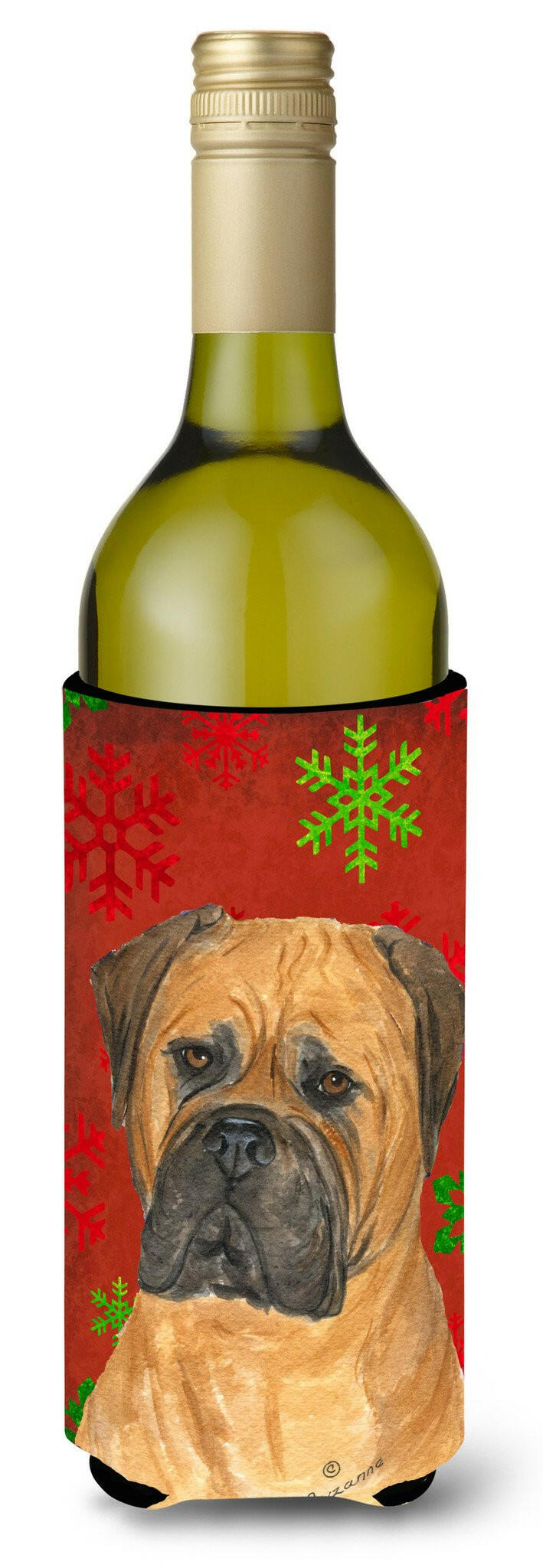 Bullmastiff Red and Green Snowflakes Holiday Christmas Wine Bottle Beverage Insulator by Caroline's Treasures