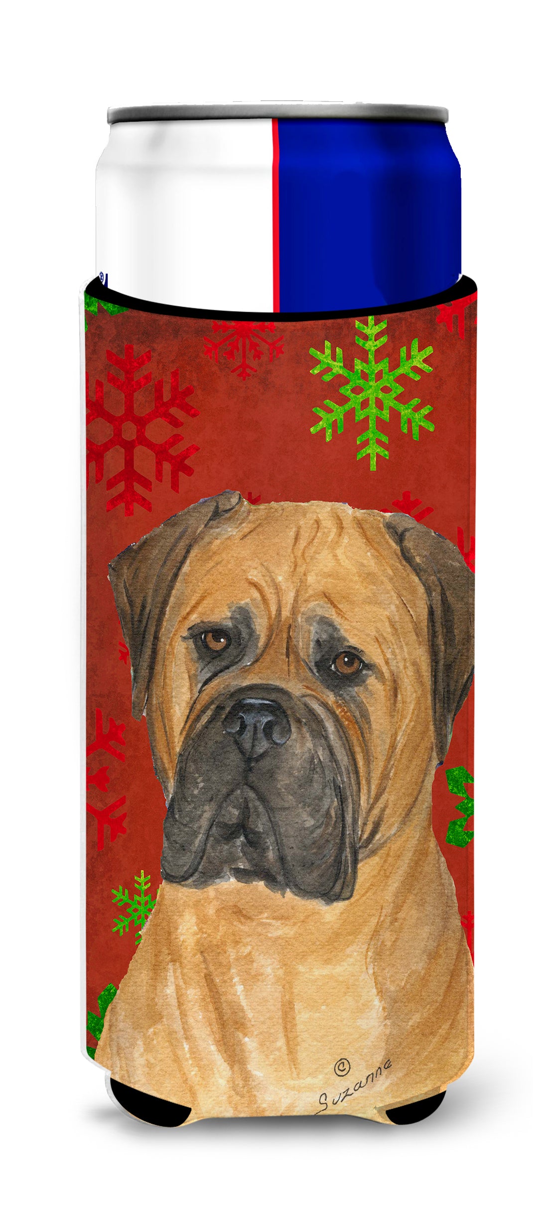 Bullmastiff Red and Green Snowflakes Holiday Christmas Ultra Beverage Insulators for slim cans SS4724MUK