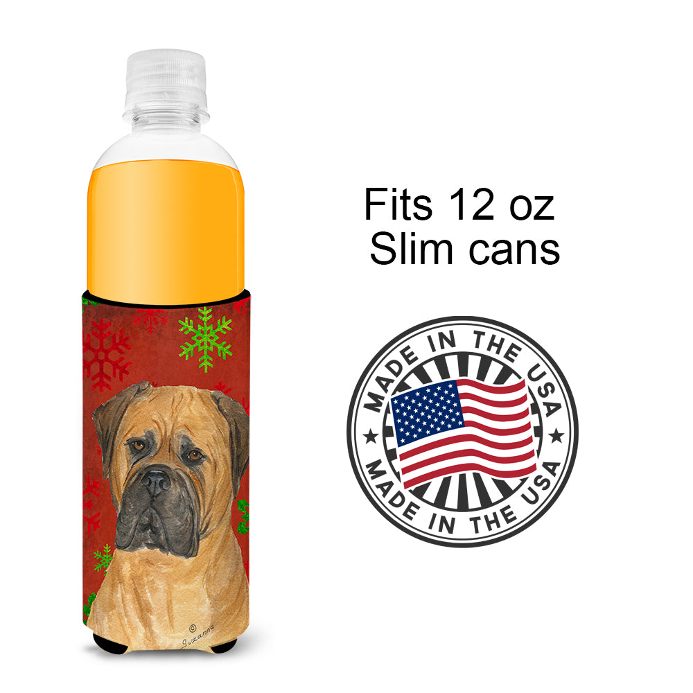 Bullmastiff Red and Green Snowflakes Holiday Christmas Ultra Beverage Insulators for slim cans SS4724MUK.