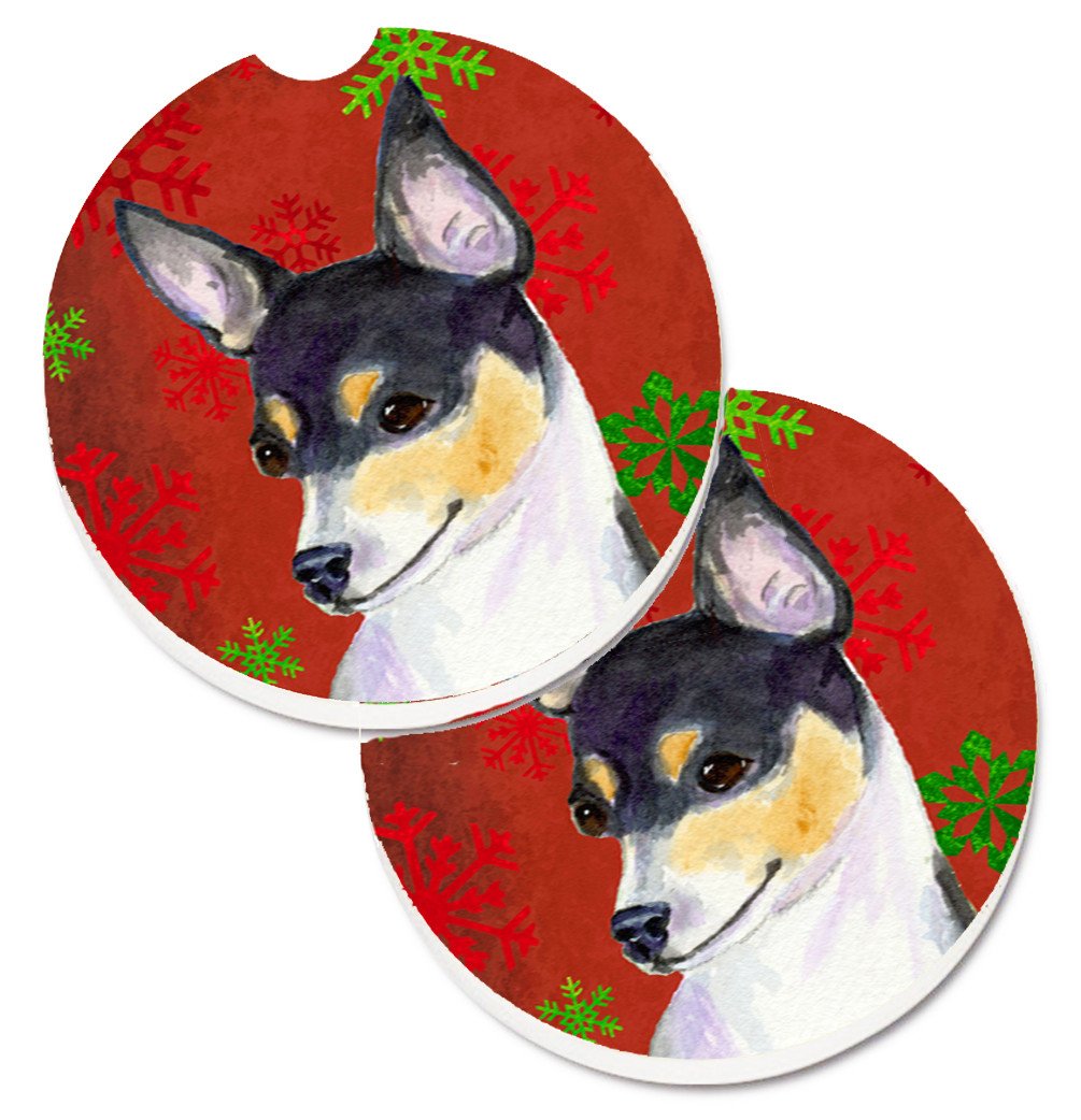 Chihuahua Red and Green Snowflakes Holiday Christmas Set of 2 Cup Holder Car Coasters SS4725CARC by Caroline&#39;s Treasures