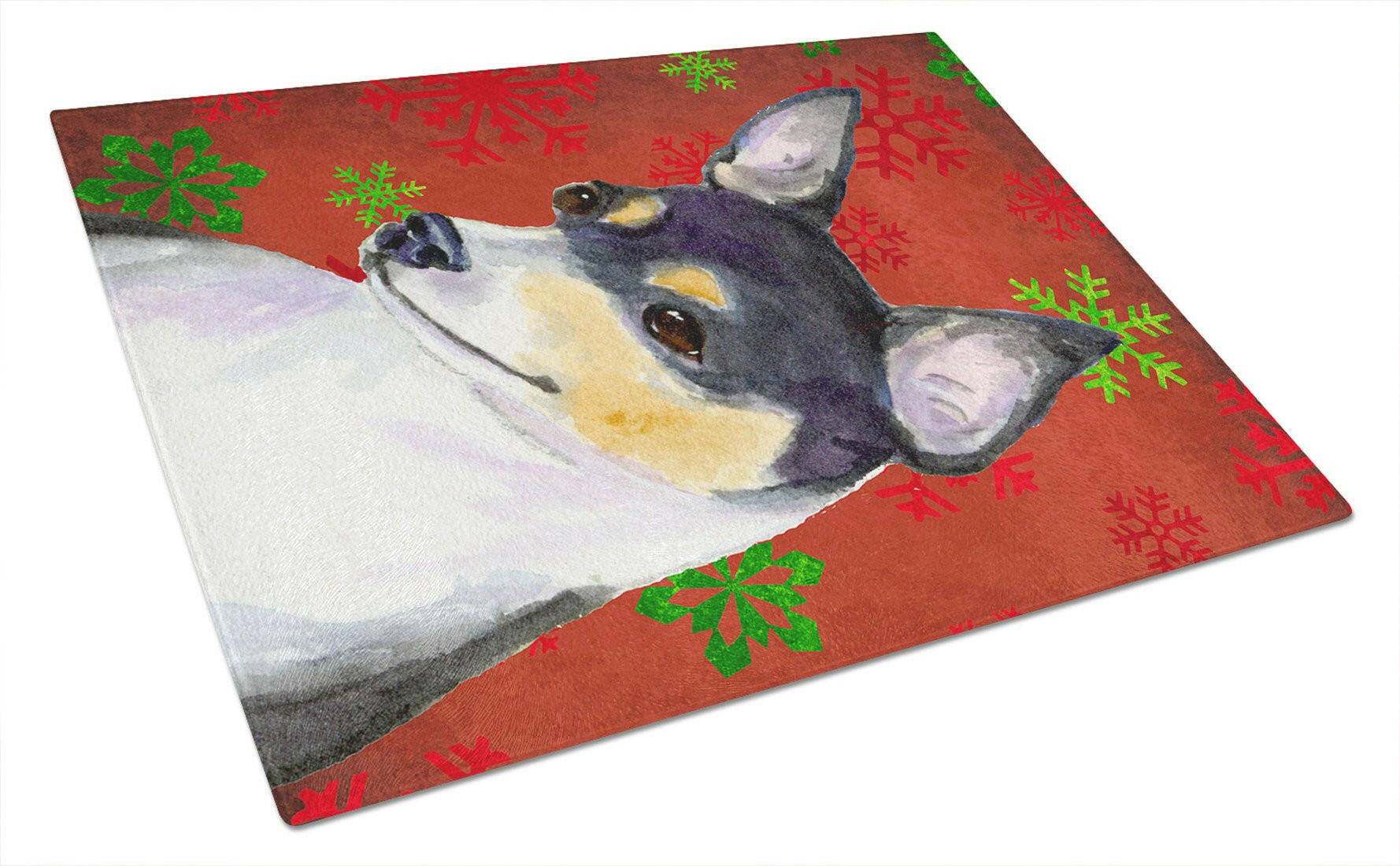 Chihuahua Red and Green Snowflakes Holiday Christmas Glass Cutting Board Large by Caroline's Treasures