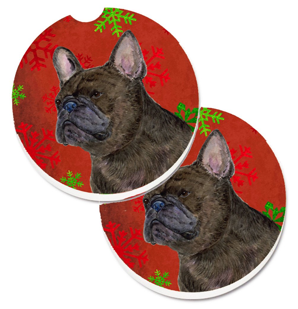 French Bulldog Red and Green Snowflakes Holiday Christmas Set of 2 Cup Holder Car Coasters SS4726CARC by Caroline&#39;s Treasures