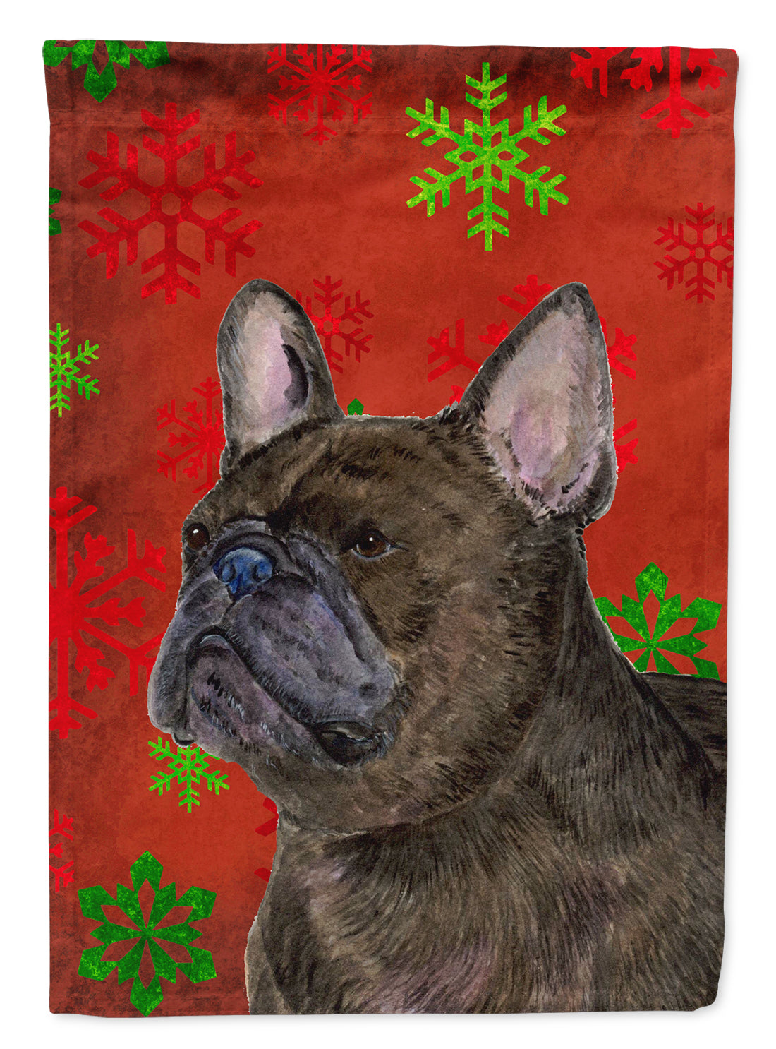 French Bulldog Red and Green Snowflakes Holiday Christmas Flag Garden Size.