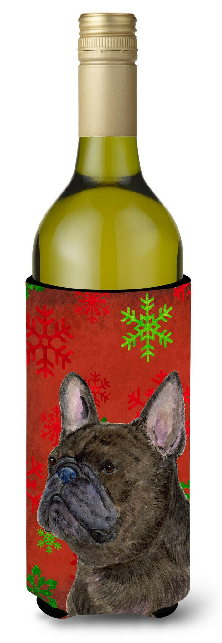French Bulldog Red and Green Snowflakes Holiday Christmas Wine Bottle Beverage Insulator by Caroline's Treasures